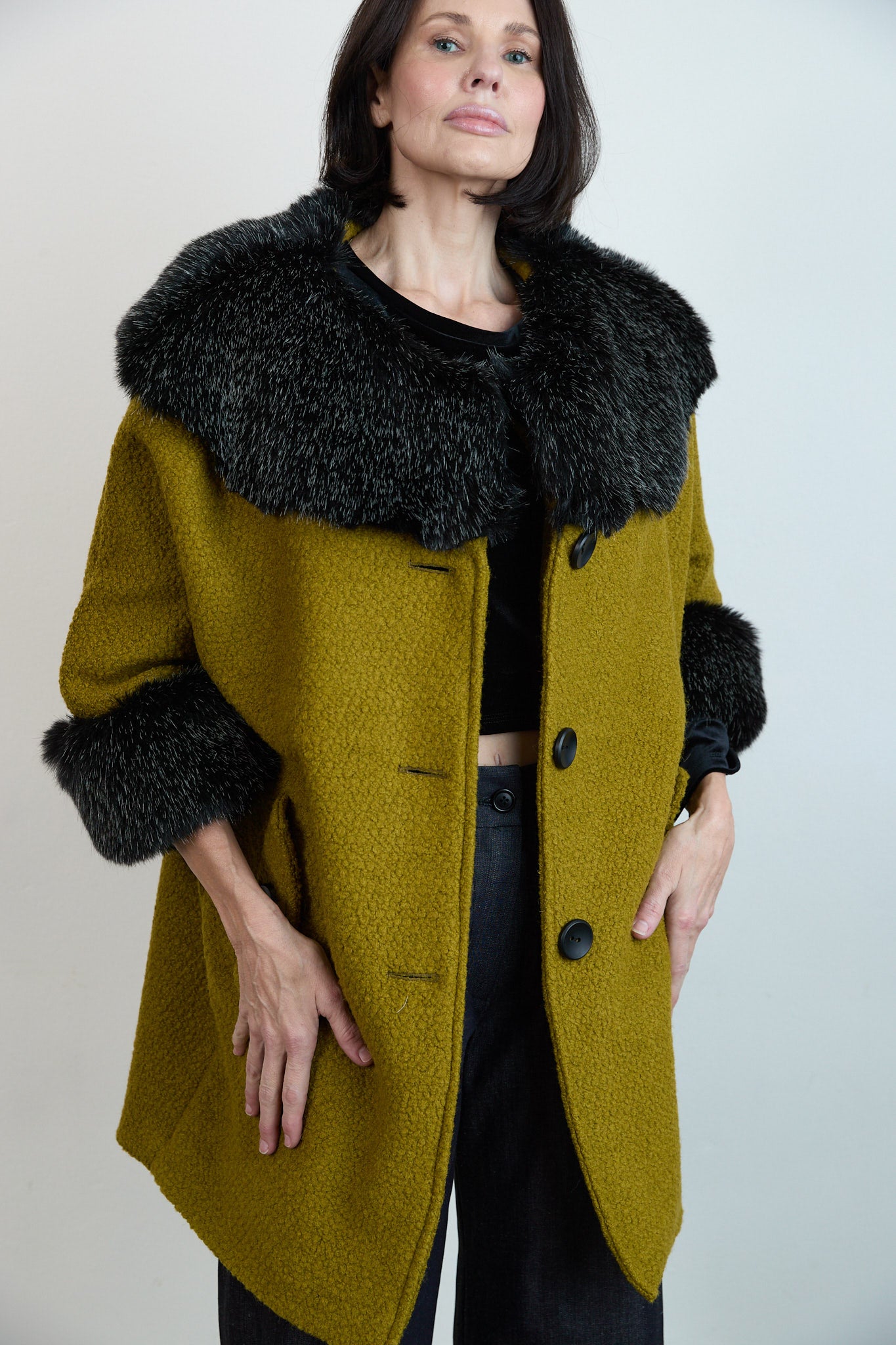 Anna Fur Trim Coat Chartreuse