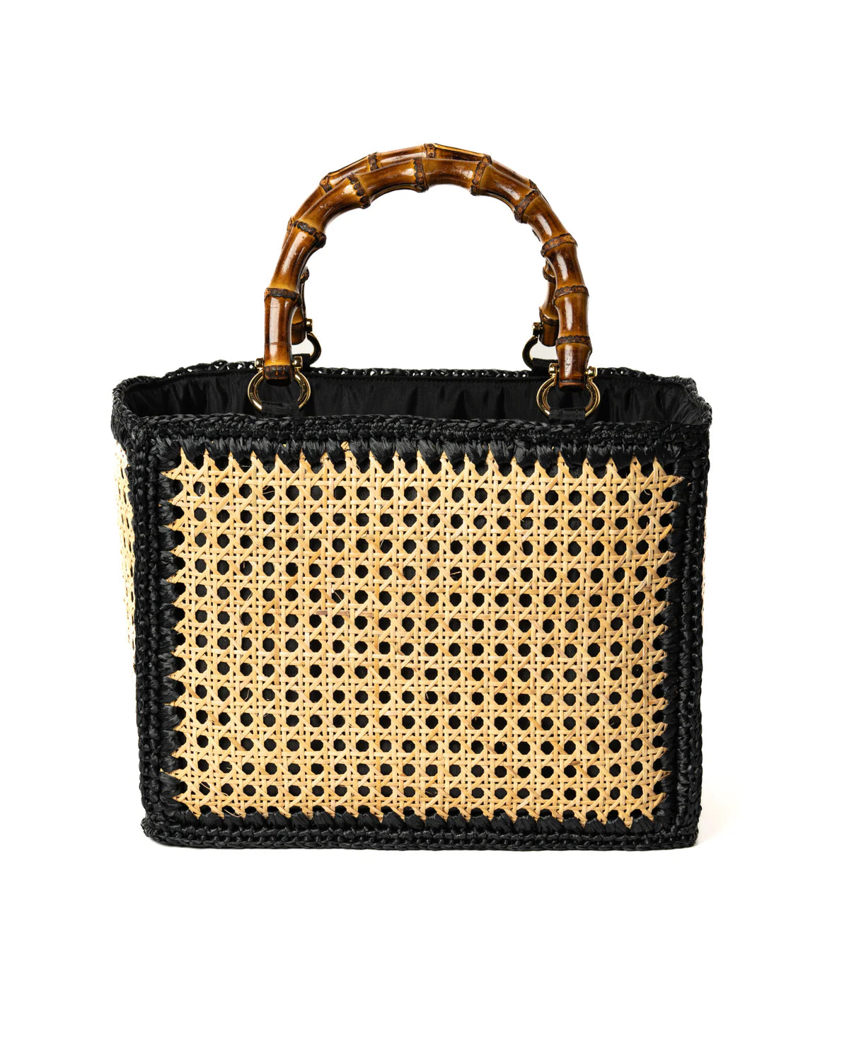 BIDINIS Rattan tote with bamboo handles Black trim