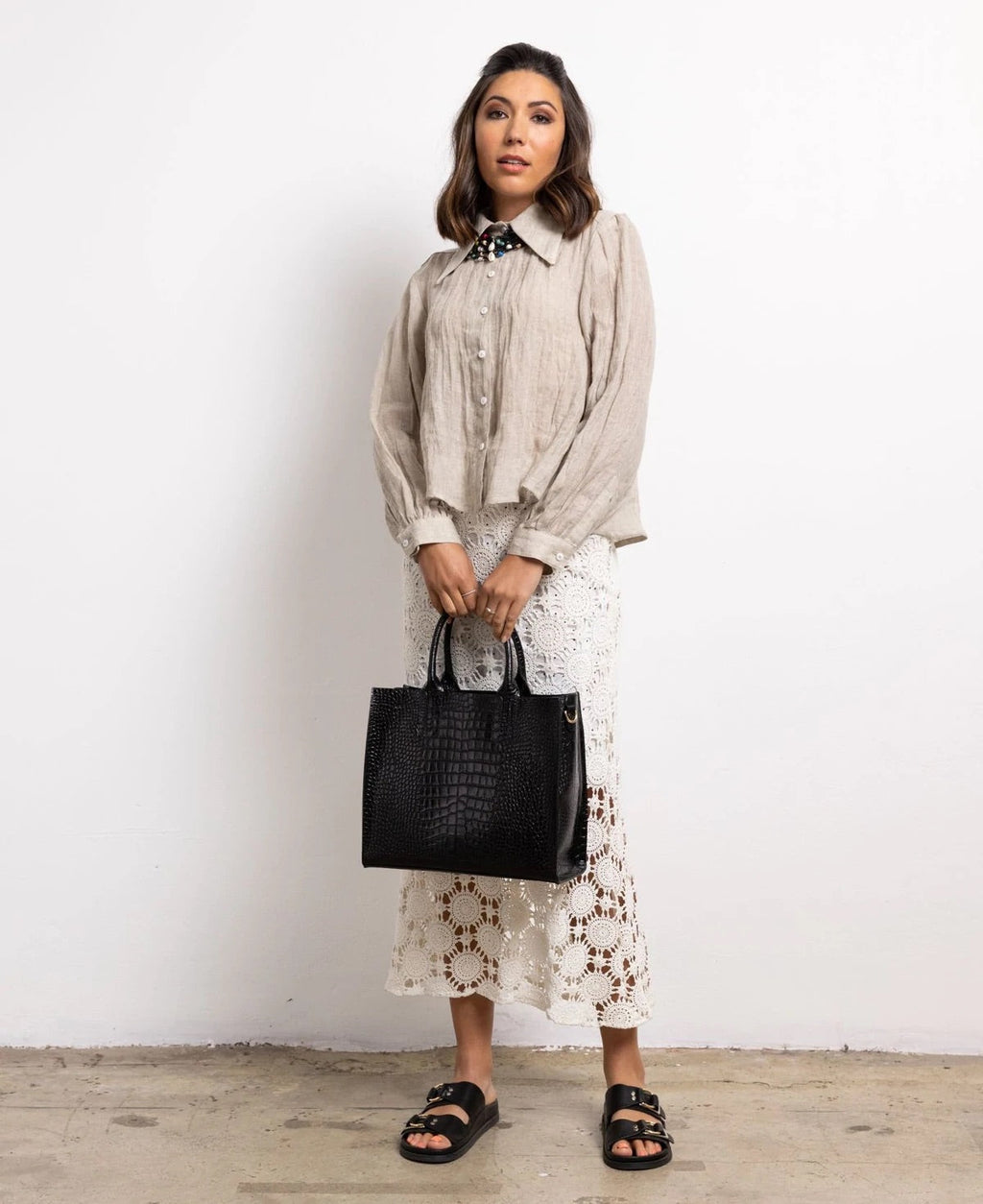 BIDINIS Florence Croc embossed Tote Black