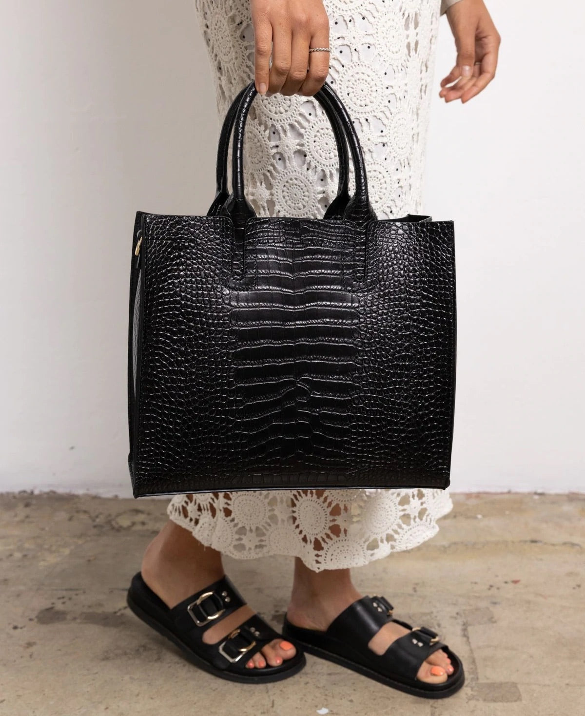 BIDINIS Florence Croc embossed Tote Black