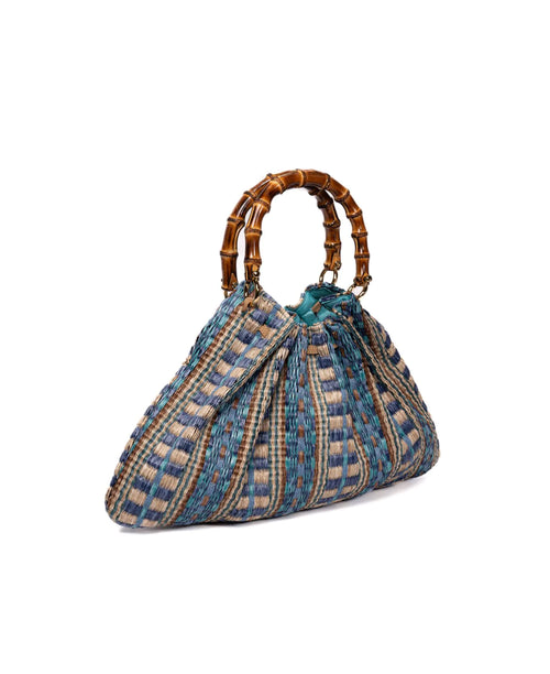 BIDINIS Caterina Medium Aztec Raffia Shopping Bag Azure