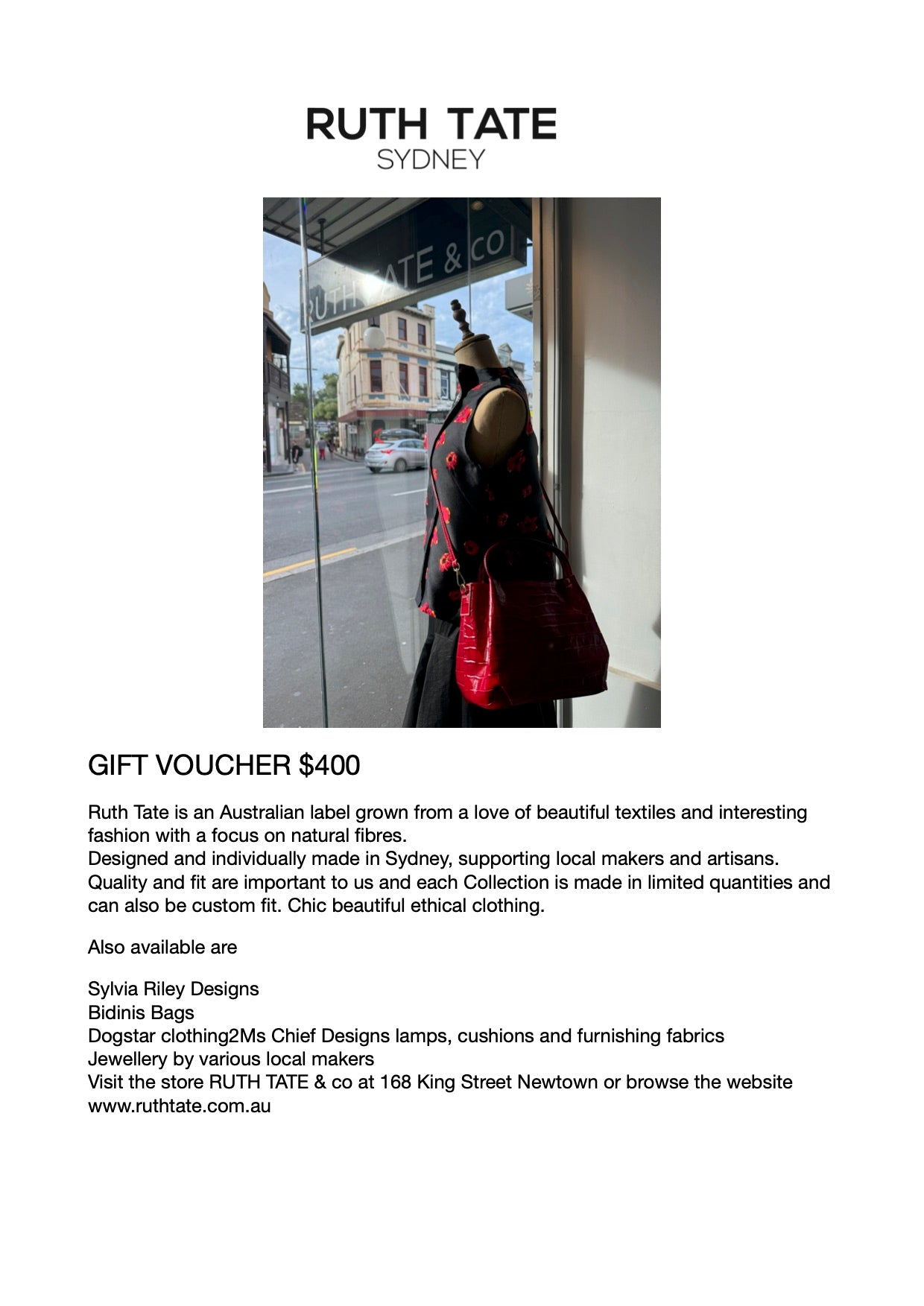 Ruth Tate Gift Voucher $400