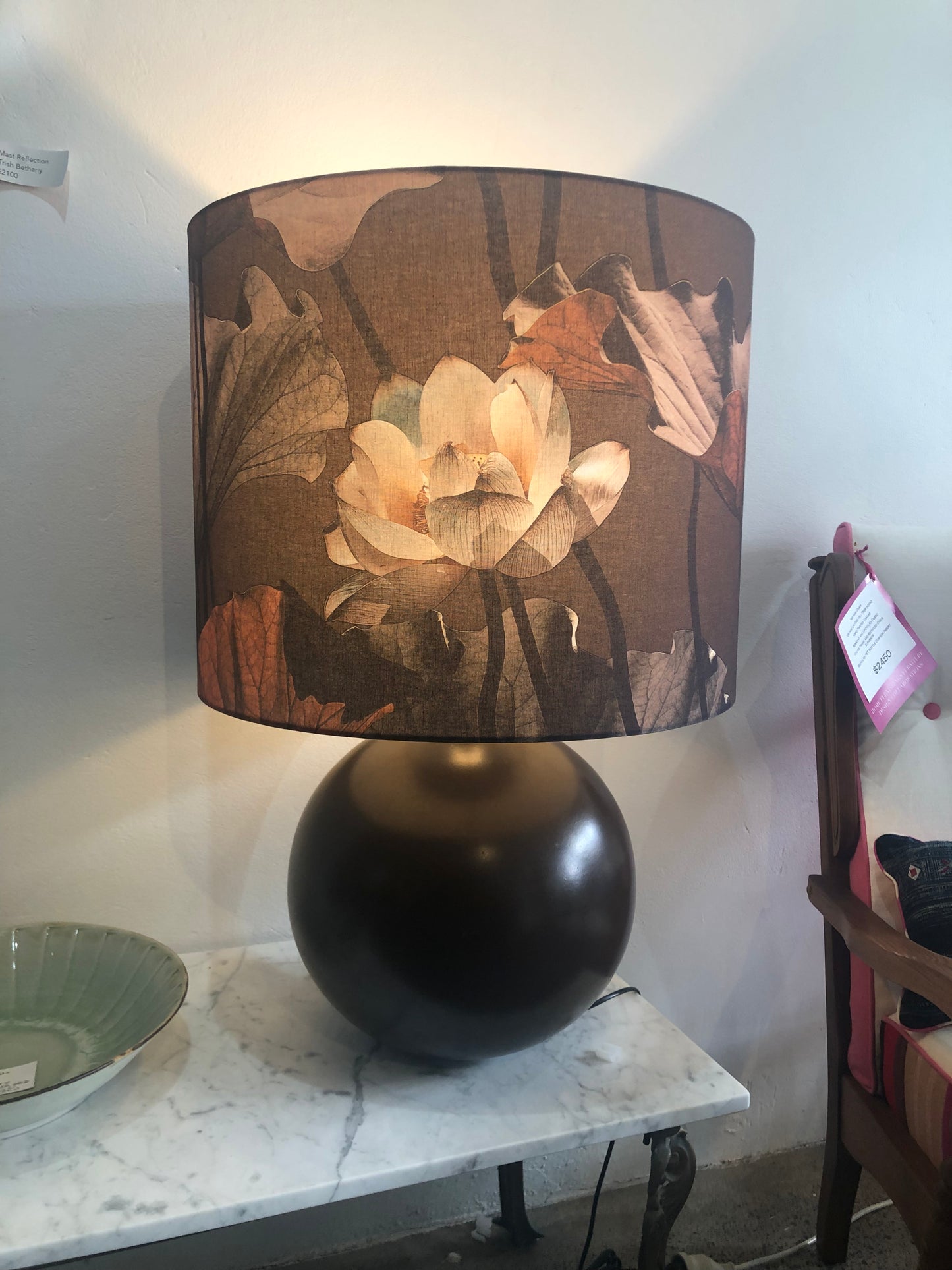 MS CHIEF DESIGNS Large Brown Sphere Lamp with Lotus Night Shade