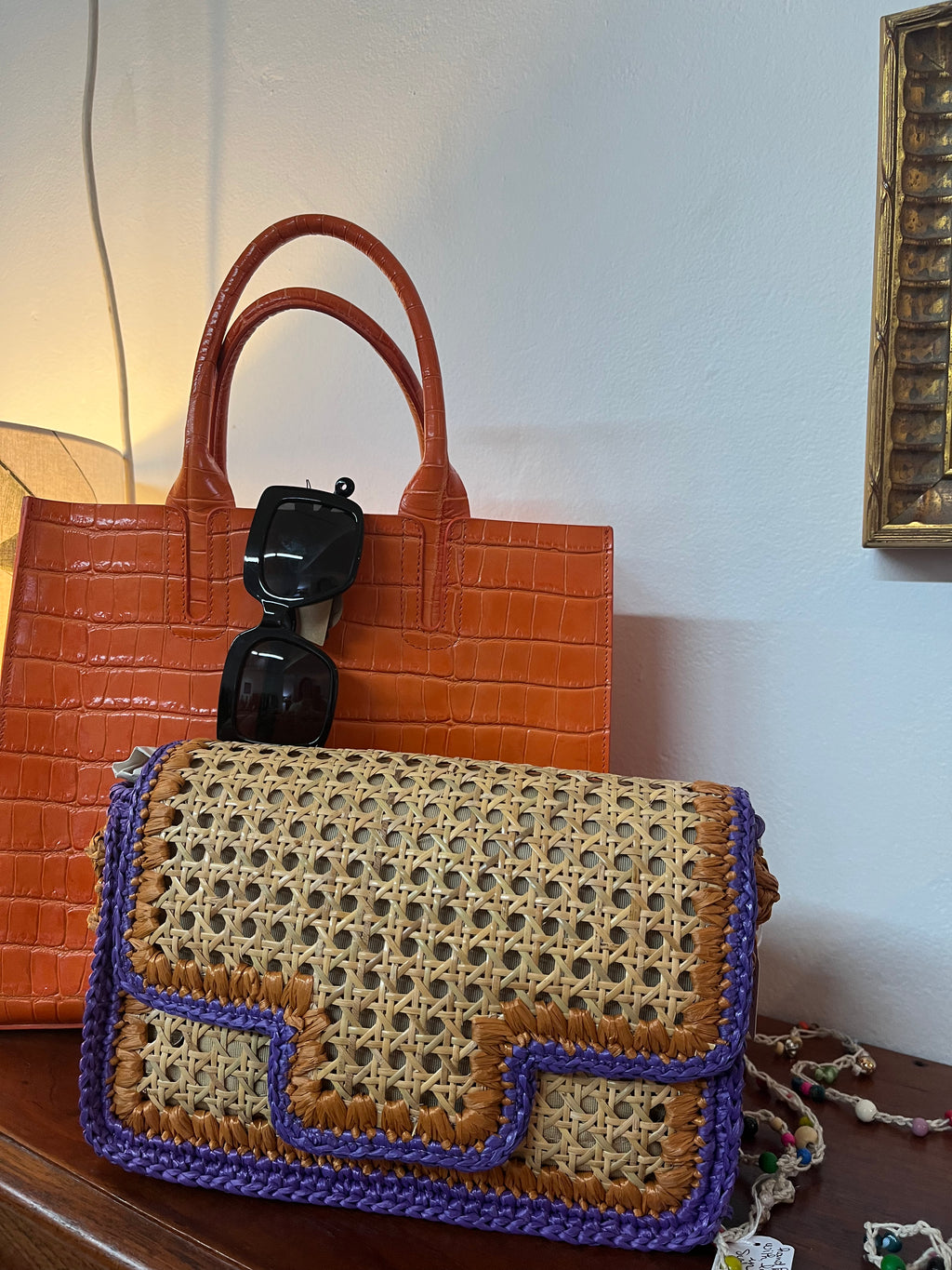 BIDINIS Ginevra Rattan and Raffia Bag in Large