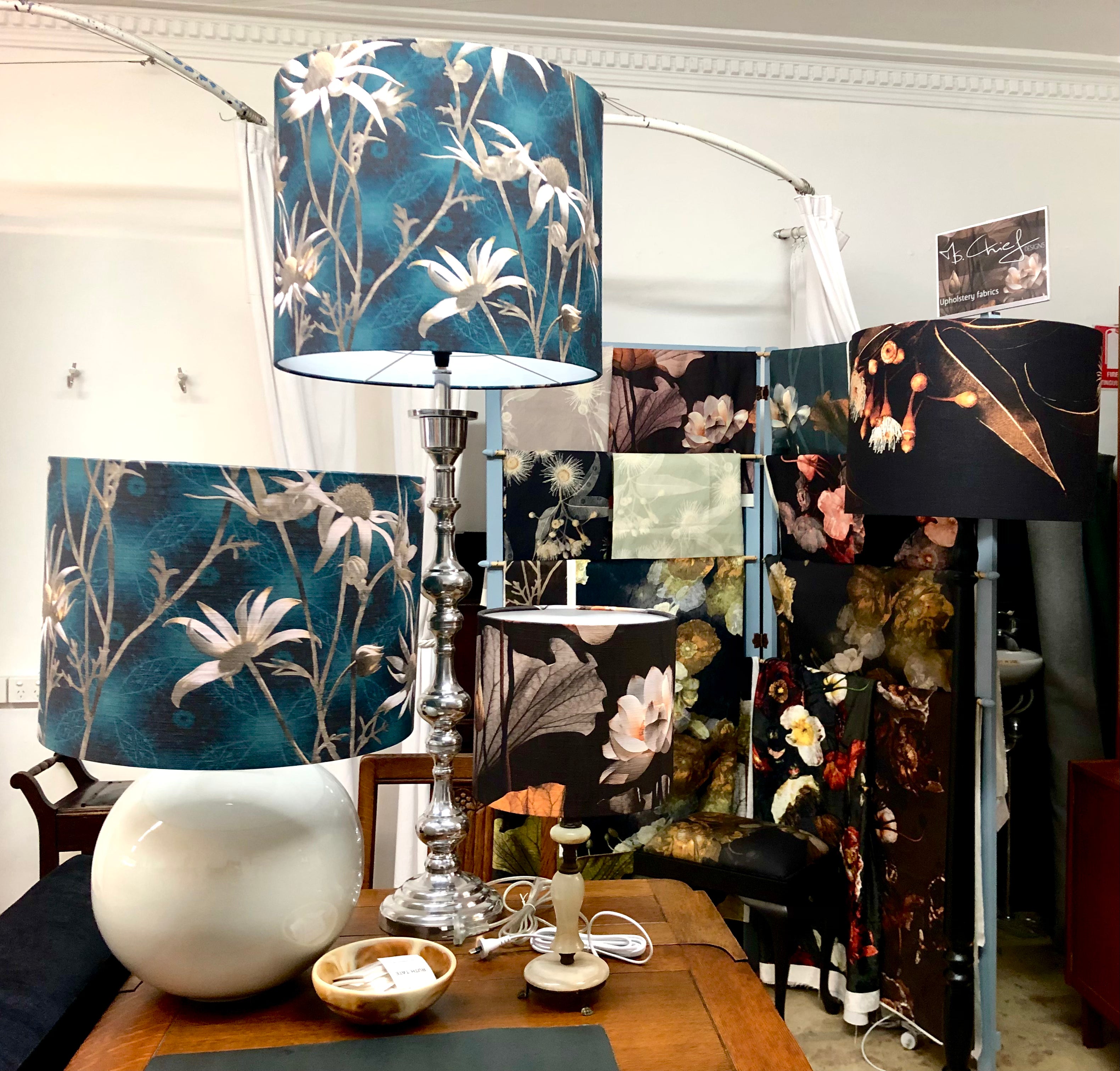 MS CHIEF DESIGNS Large Pearl Sphere with Coast Flannel Flowers Shade