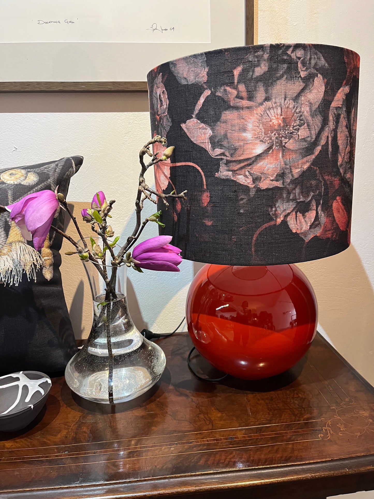 MS CHIEF DESIGNS Small Red Sphere Lamp with Titian Poppies Shade