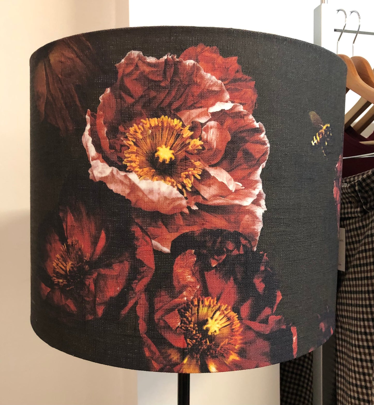 MS CHIEF DESIGNS Burnished Metal Standard Lamp with Olive Grove Poppies Shade