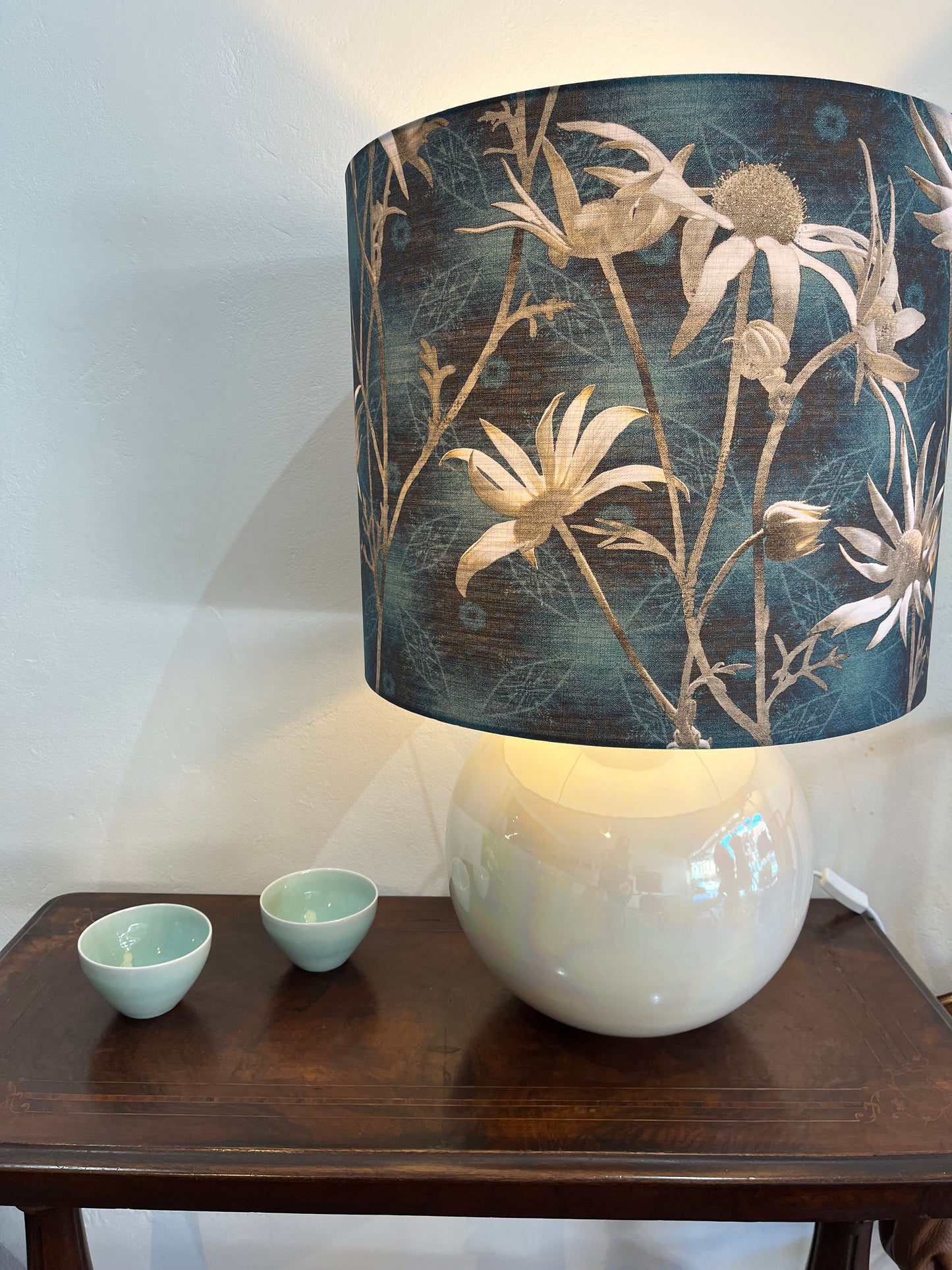 MS CHIEF DESIGNS Large Pearl Sphere with Coast Flannel Flowers Shade